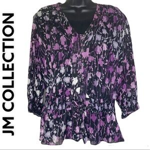 JM collection Petite Black/Purple Floral Print Semi Shear Blouse Size 8P